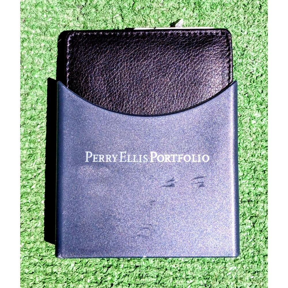 Perry Ellis Portfolio Men’s Passcase Wallet Black Leather Bifold With Case NWT
